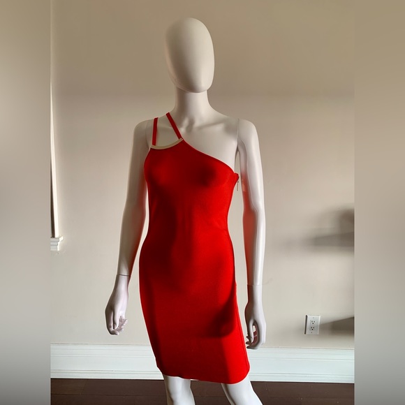 Marciano Bandage Bodycon Dress with Gold Detail in Red - Picture 2 of 7